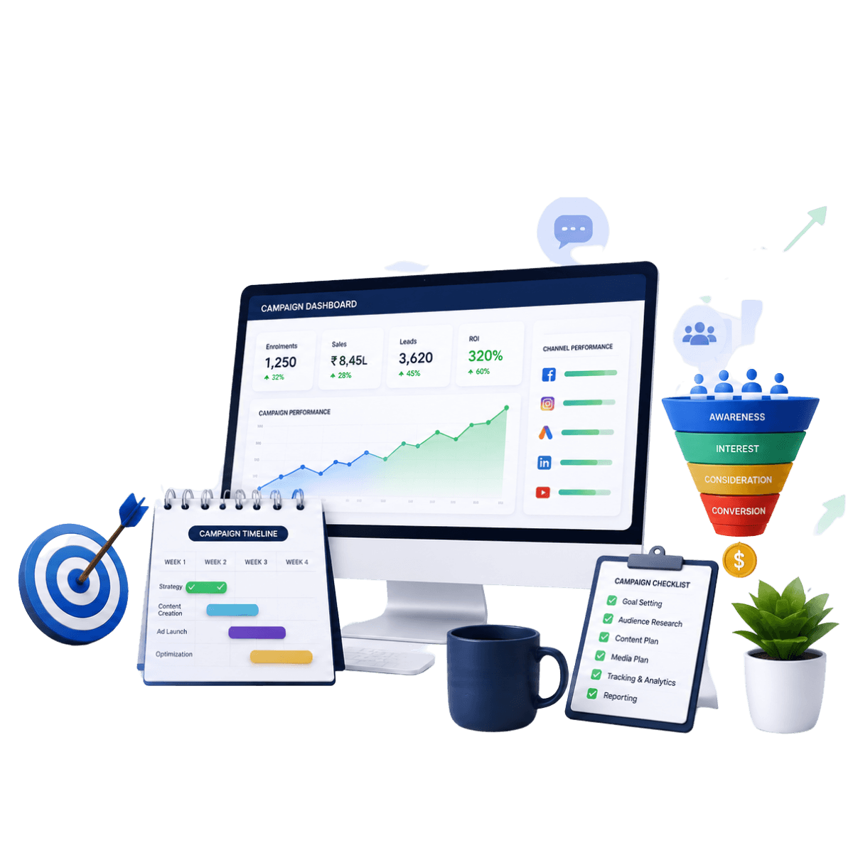 Marketing campaign timeline and goal tracking illustration