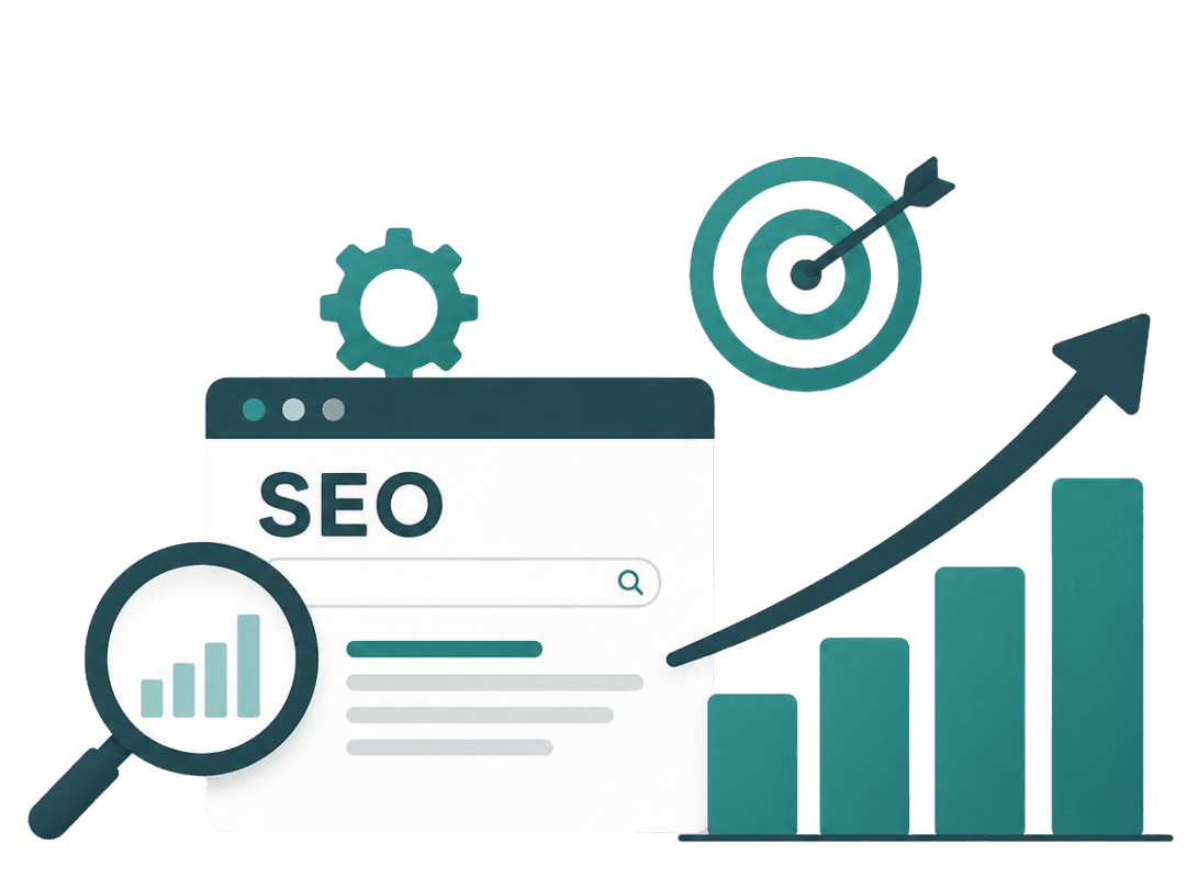 Illustration of SEO ranking growth and search analytics dashboard